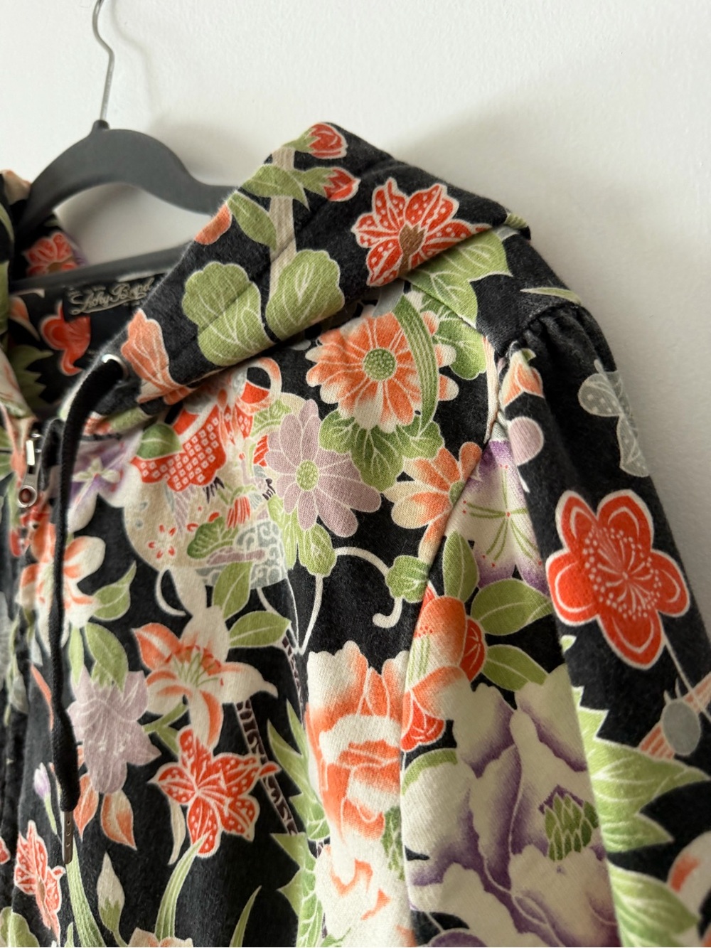 Lucky Brand Black Floral Zip Hoodie with Coral and Green Accents M - Picture 5 of 11